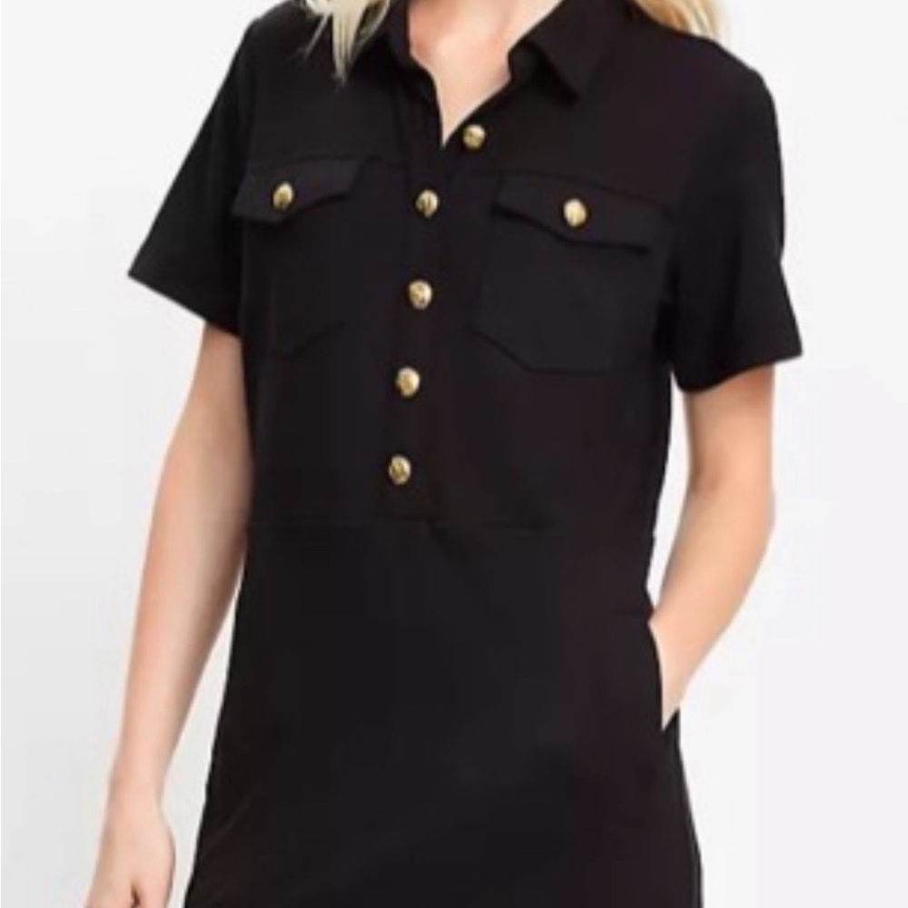LOFT Black Short-Sleeve Shirt Dress with Gold Buttons
